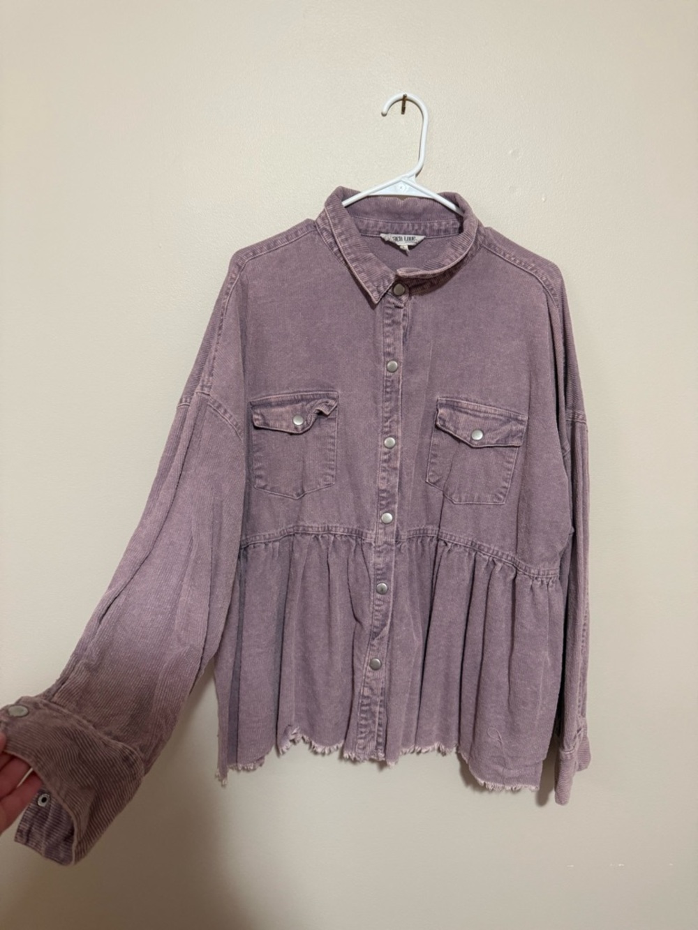 Peach Love California Washed Lavender Button-Front Peplum Shirt